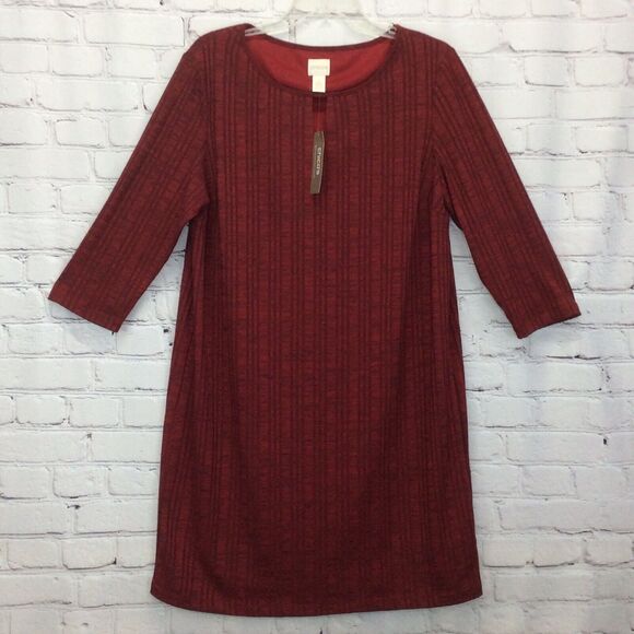 Chico's Tunic Dress Women's Size 2 (M/12) Red Ribbed Key Hole Neck 3/4 Sleeves - Picture 5 of 11